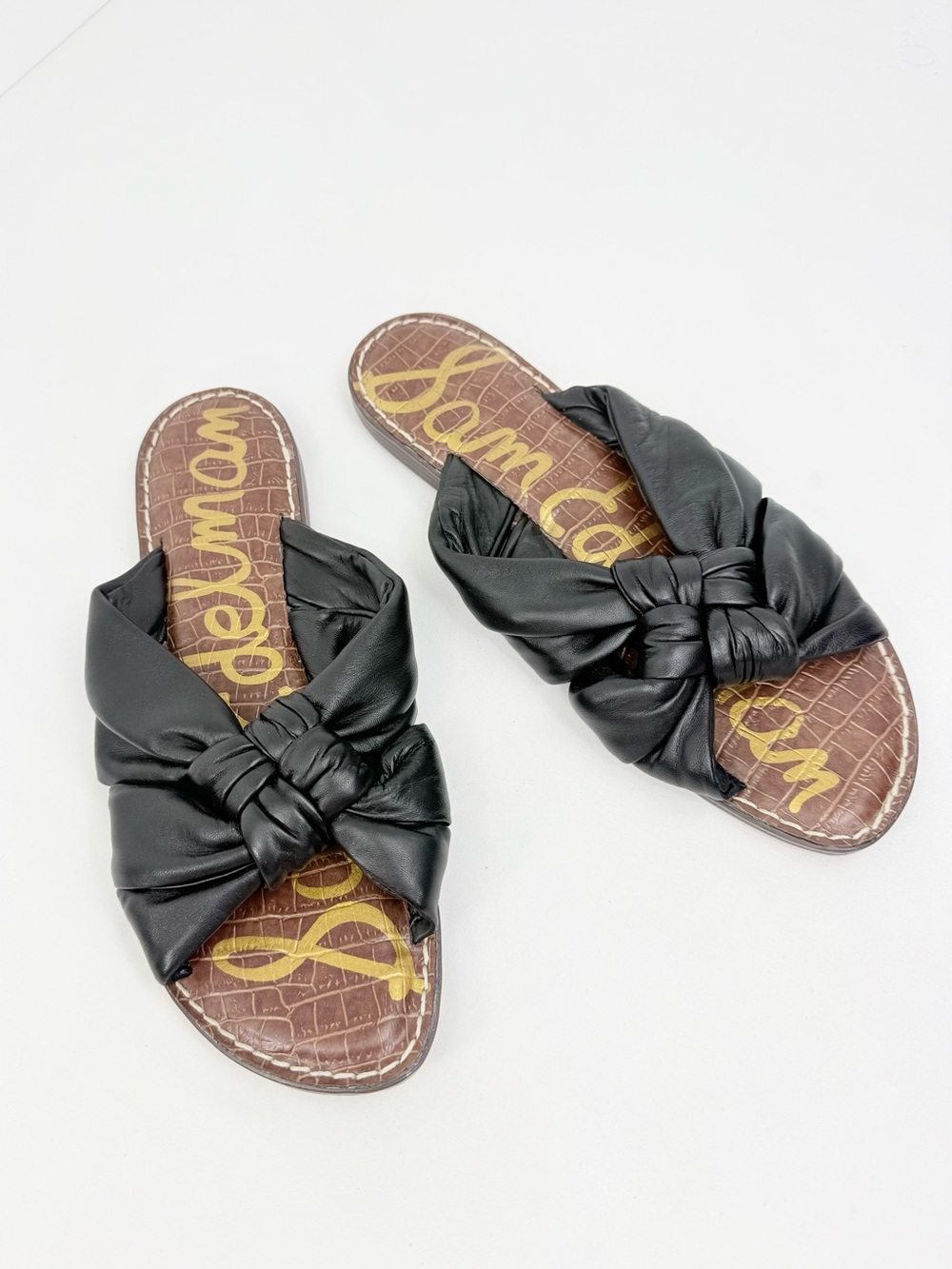 Sam Edelman GARSON Black Leather Woven Double Strap Cushioned Slide Sandals